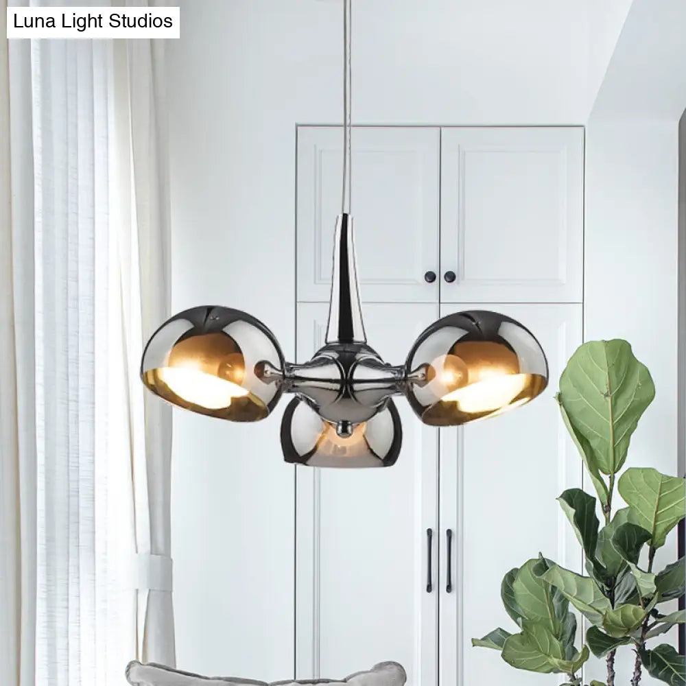 Postmodern Chrome Bowl Chandelier With Mirror Glass Pendants - 3/5 Light Ceiling Fixture For Dining