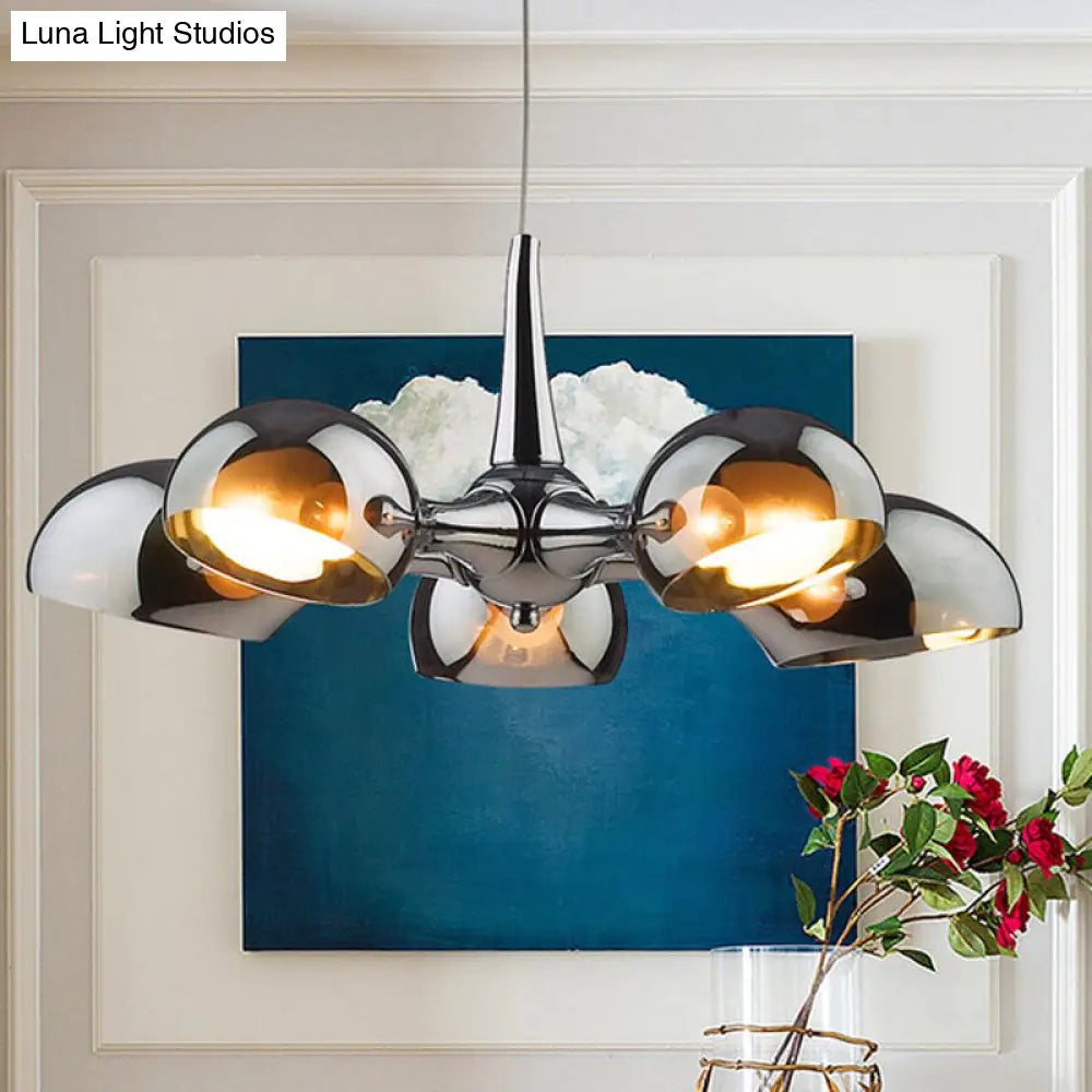 Postmodern Chrome Bowl Chandelier With Mirror Glass Pendants - 3/5 Light Ceiling Fixture For Dining