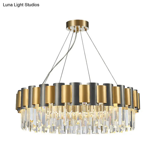 Postmodern Clear Crystal Chandelier: Round Dining Room Pendant With 8 Bulbs In Black And Gold