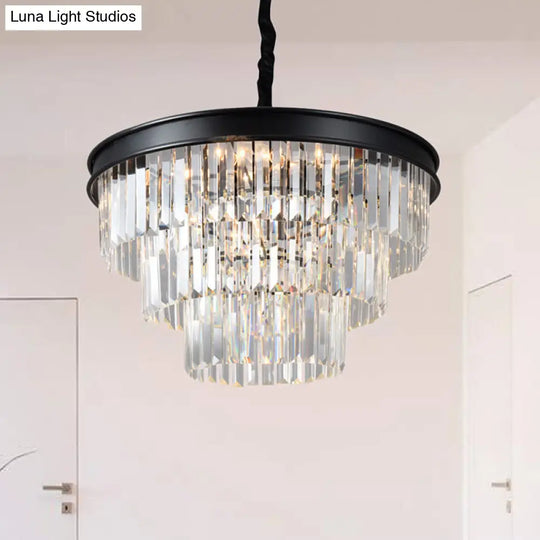 Postmodern Clear Crystal Glass Tiered Ceiling Chandelier Light 9/12 Lights Black 16’’/23’’ Wide