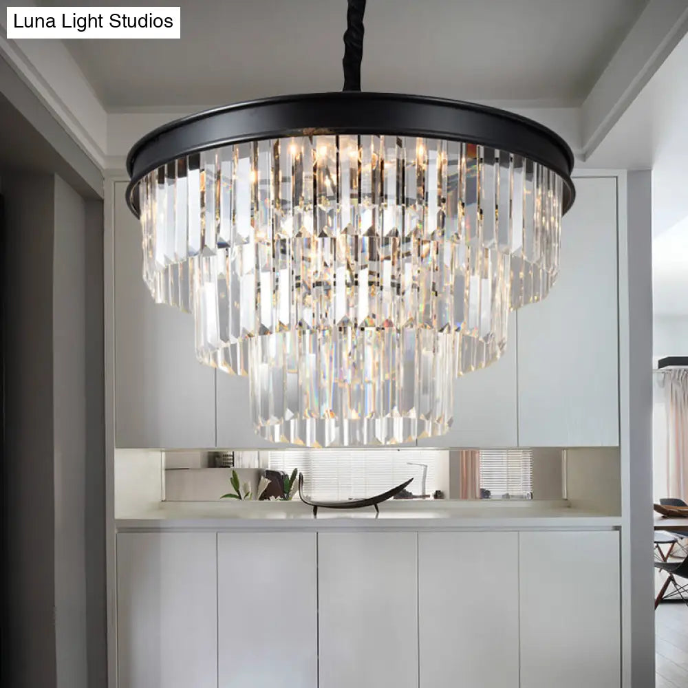 Postmodern Clear Crystal Glass Tiered Ceiling Chandelier Light 9/12 Lights Black 16’’/23’’ Wide