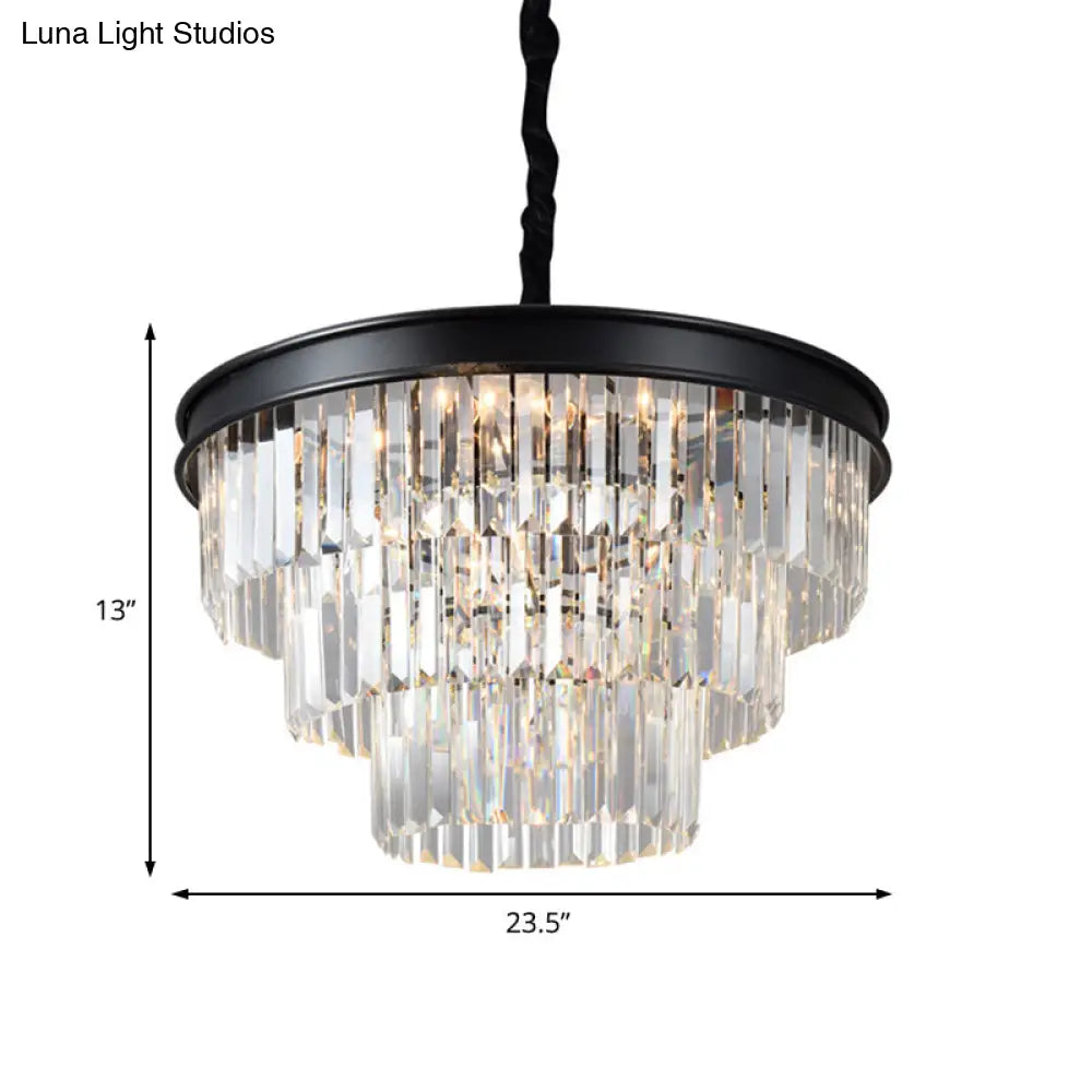 Postmodern Clear Crystal Glass Tiered Ceiling Chandelier Light 9/12 Lights Black 16’’/23’’ Wide