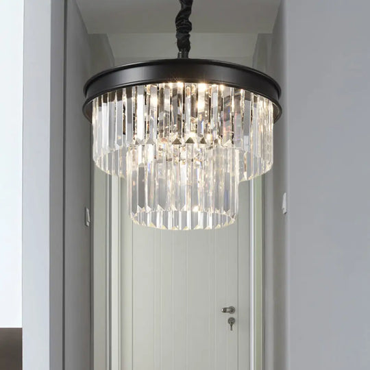 Postmodern Clear Crystal Glass Tiered Ceiling Chandelier Light 9/12 Lights Black 16’’/23’’