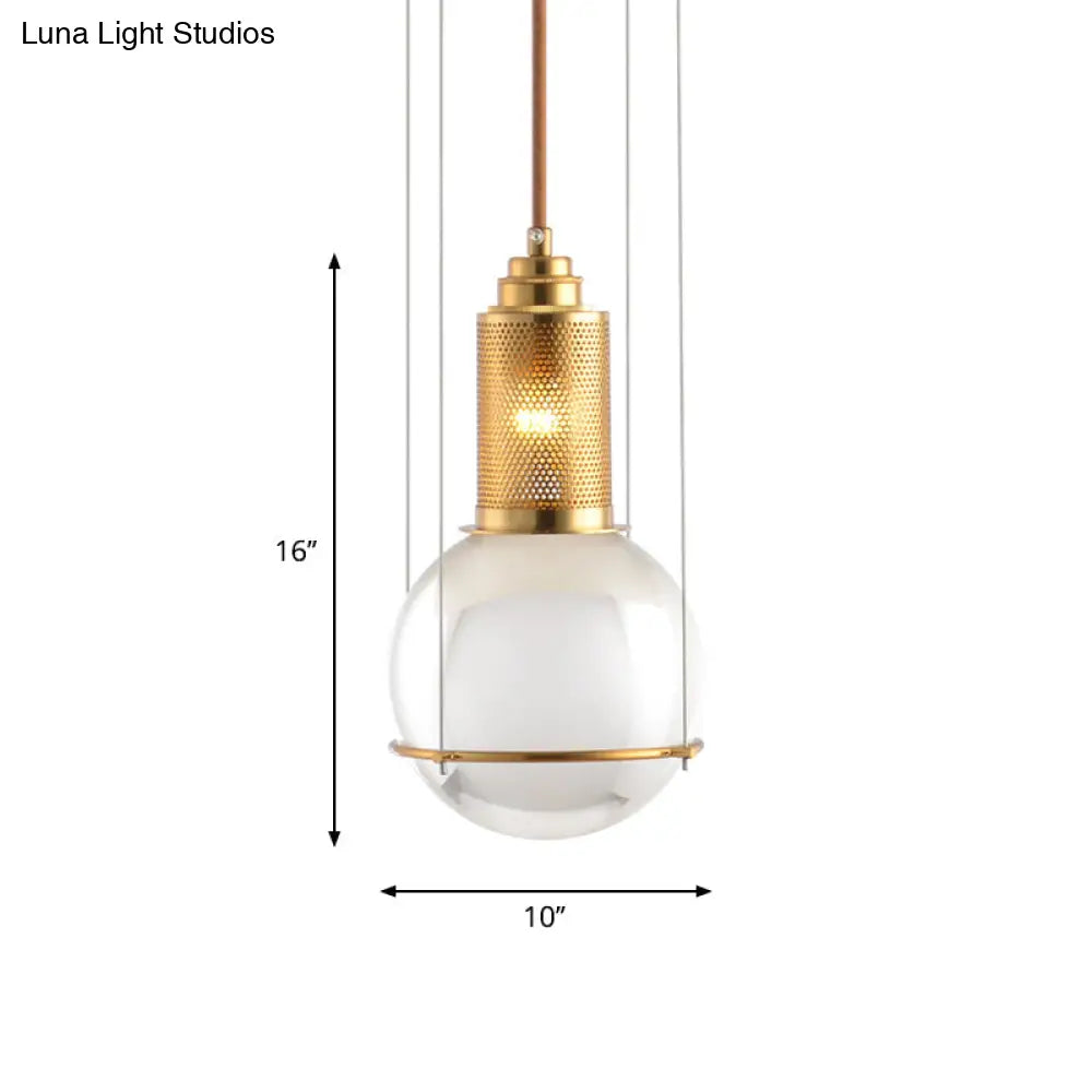 Postmodern Clear Glass Ball Pendant Ceiling Light With Gold Mesh Top - Single Hanging Lamp Kit