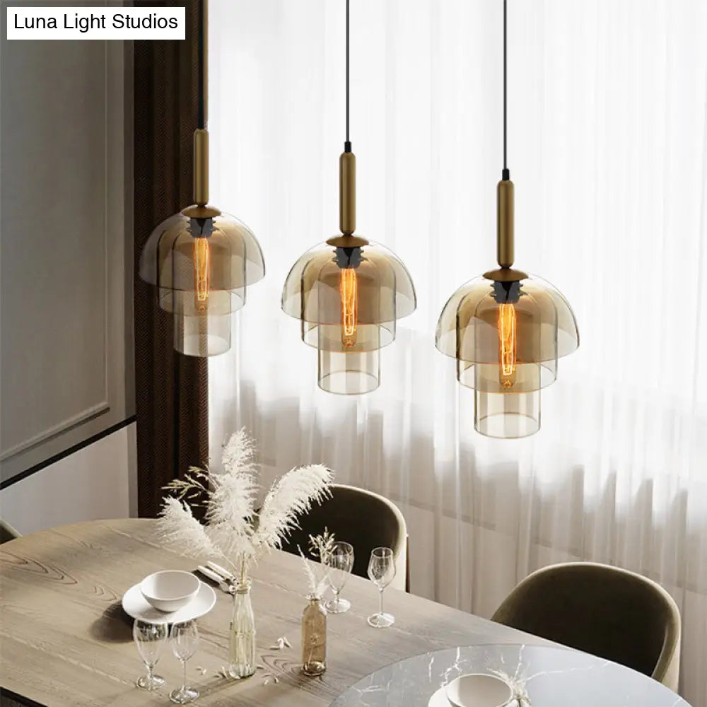 Postmodern Brass Pendant Light Fixture With Cognac Glass Shades - Ideal For Dining Rooms