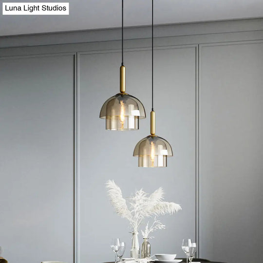 Postmodern Brass Pendant Light Fixture With Cognac Glass Shades - Ideal For Dining Rooms