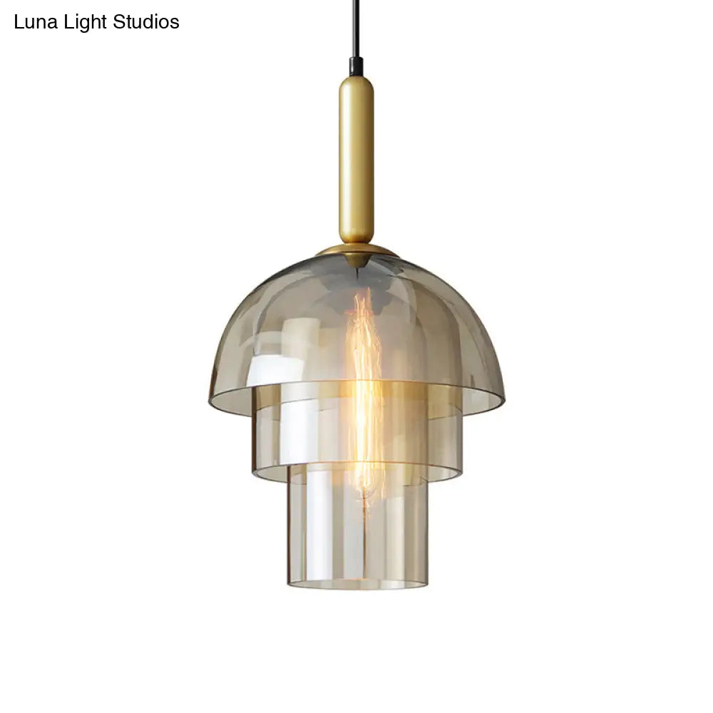 Postmodern Cognac Glass Pendant Light Fixture - Brass 3-Shade 1 Bulb Ideal For Dining Room Hanging