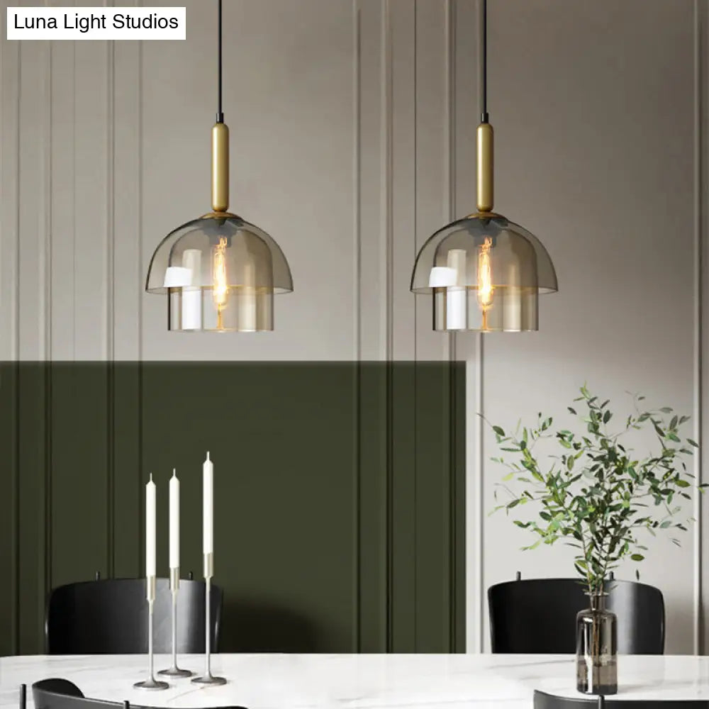 Postmodern Brass Pendant Light Fixture With Cognac Glass Shades - Ideal For Dining Rooms