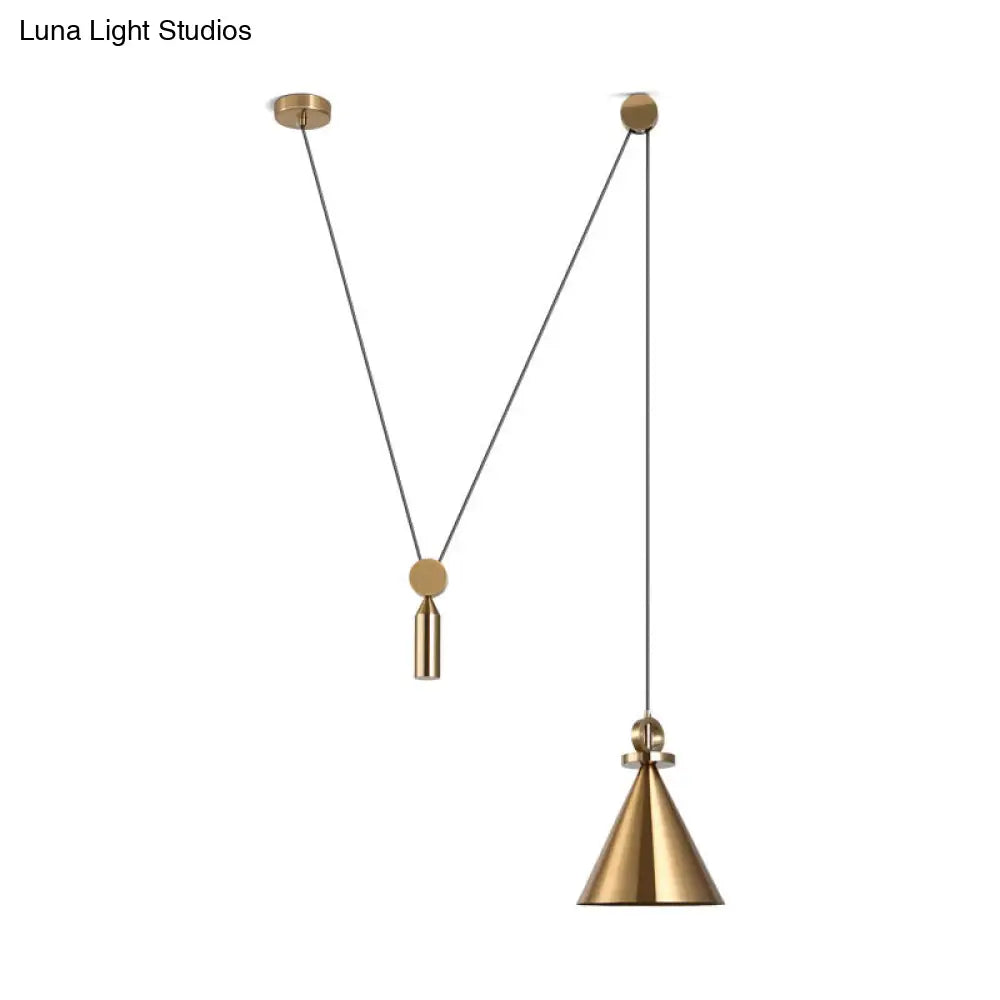 Postmodern Conical Metallic Ceiling Pendant Light With Gold Pulley For Living Room