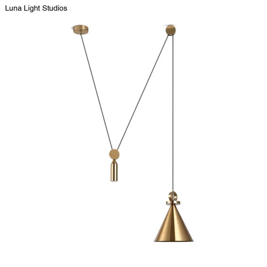 Postmodern Conical Metallic Ceiling Pendant Light With Gold Pulley For Living Room