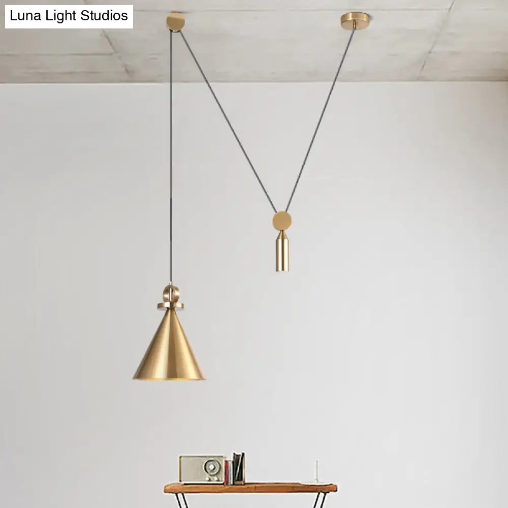 Postmodern Conical Metallic Ceiling Pendant Light With Gold Pulley For Living Room