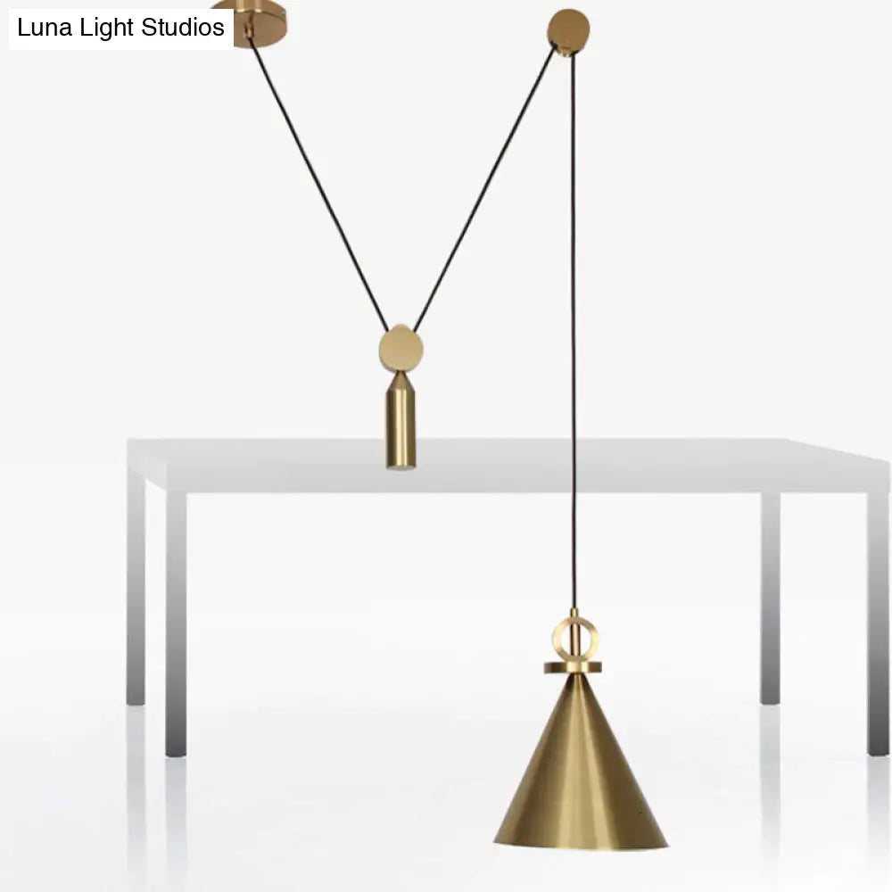 Postmodern Conical Metallic Ceiling Pendant Light With Gold Pulley For Living Room