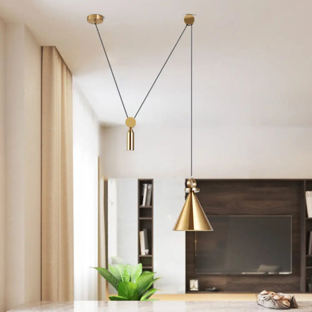 Postmodern Conical Metallic Ceiling Pendant Light With Gold Pulley For Living Room / Small