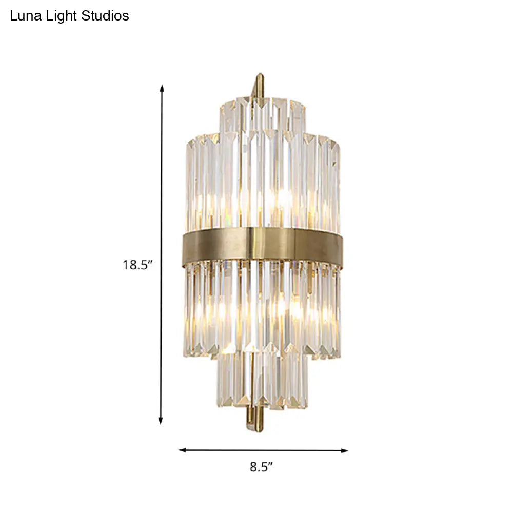 Postmodern Crystal Block Wall Sconce In Gold With 2 Cylinder Lights - Ideal For Corridors