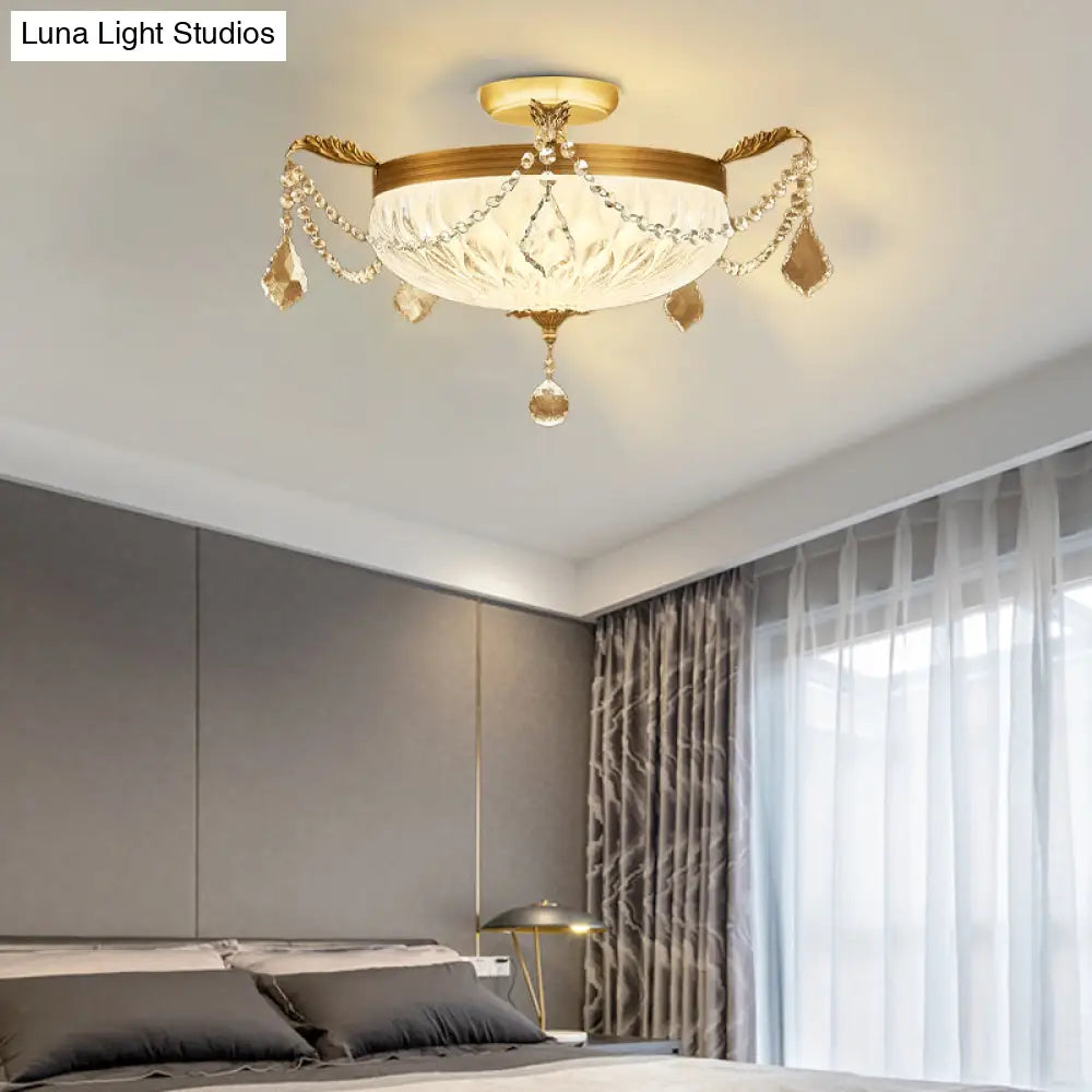 Postmodern Crystal Brass Dome Ceiling Mount Light - Semi Flush Fixture For Dining Room