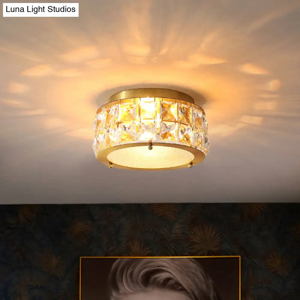 Postmodern Crystal Ceiling Light With Beveled Brass Finish - 2-Light Bedroom Flush Mount