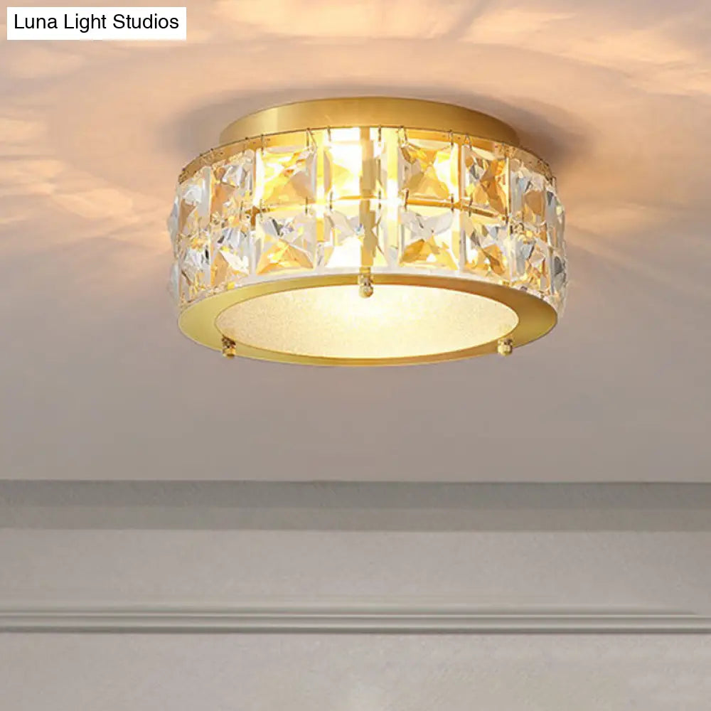 Postmodern Crystal Ceiling Light With Beveled Brass Finish - 2-Light Bedroom Flush Mount