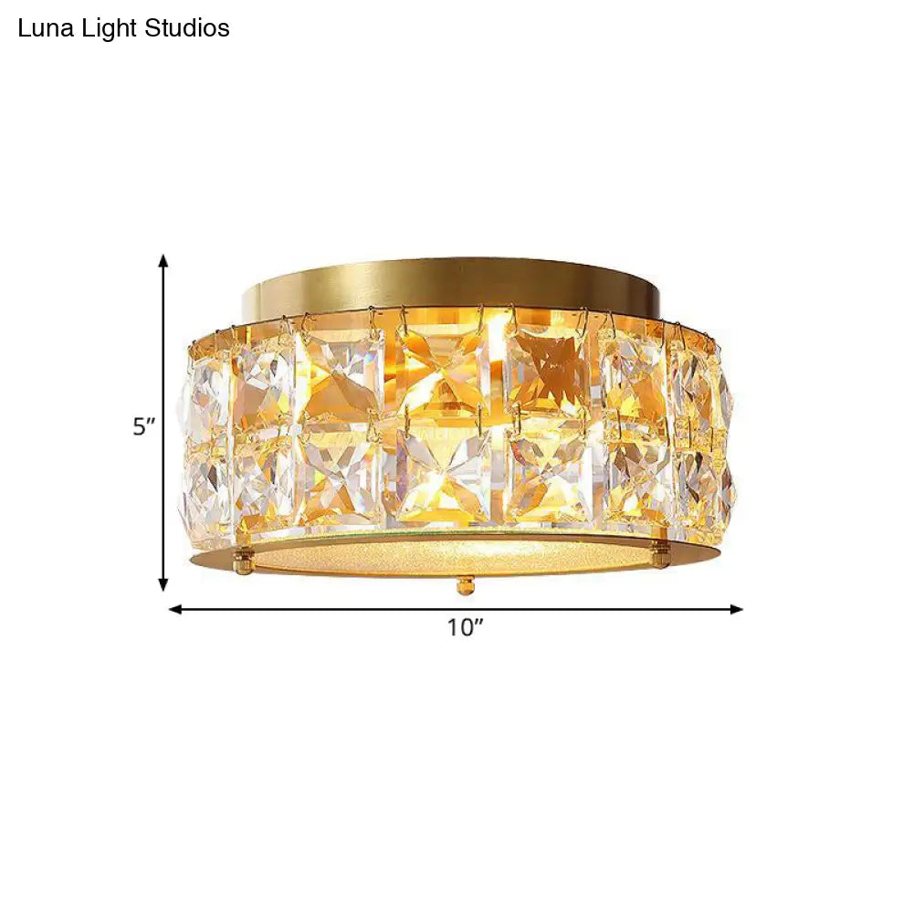 Postmodern Crystal Ceiling Light With Beveled Brass Finish - 2-Light Bedroom Flush Mount