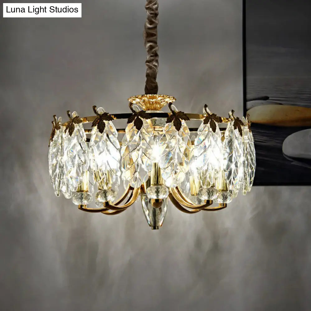 Postmodern Crystal Chandelier With 8 Gold Foliage Heads For Living Room
