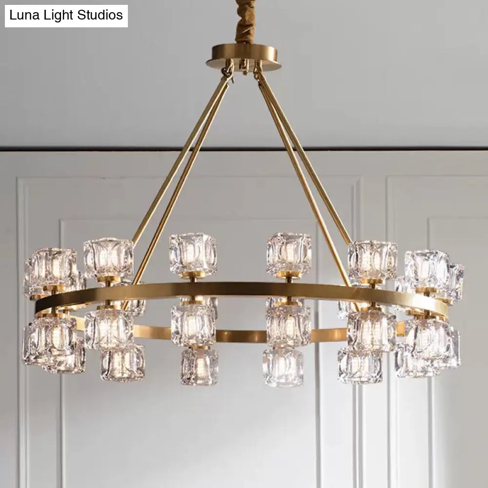 Postmodern Crystal Cube Gold Chandelier - Circle Pendant For Dining Room With 6/12/28 Lights