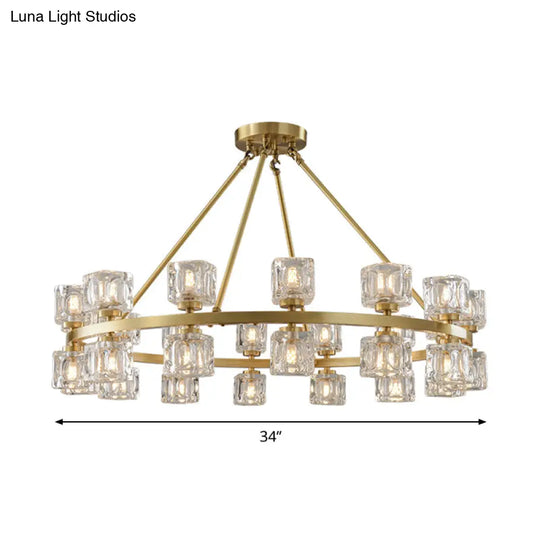 Postmodern Crystal Cube Gold Chandelier - Circle Dining Pendant With 6/12/28 Lights