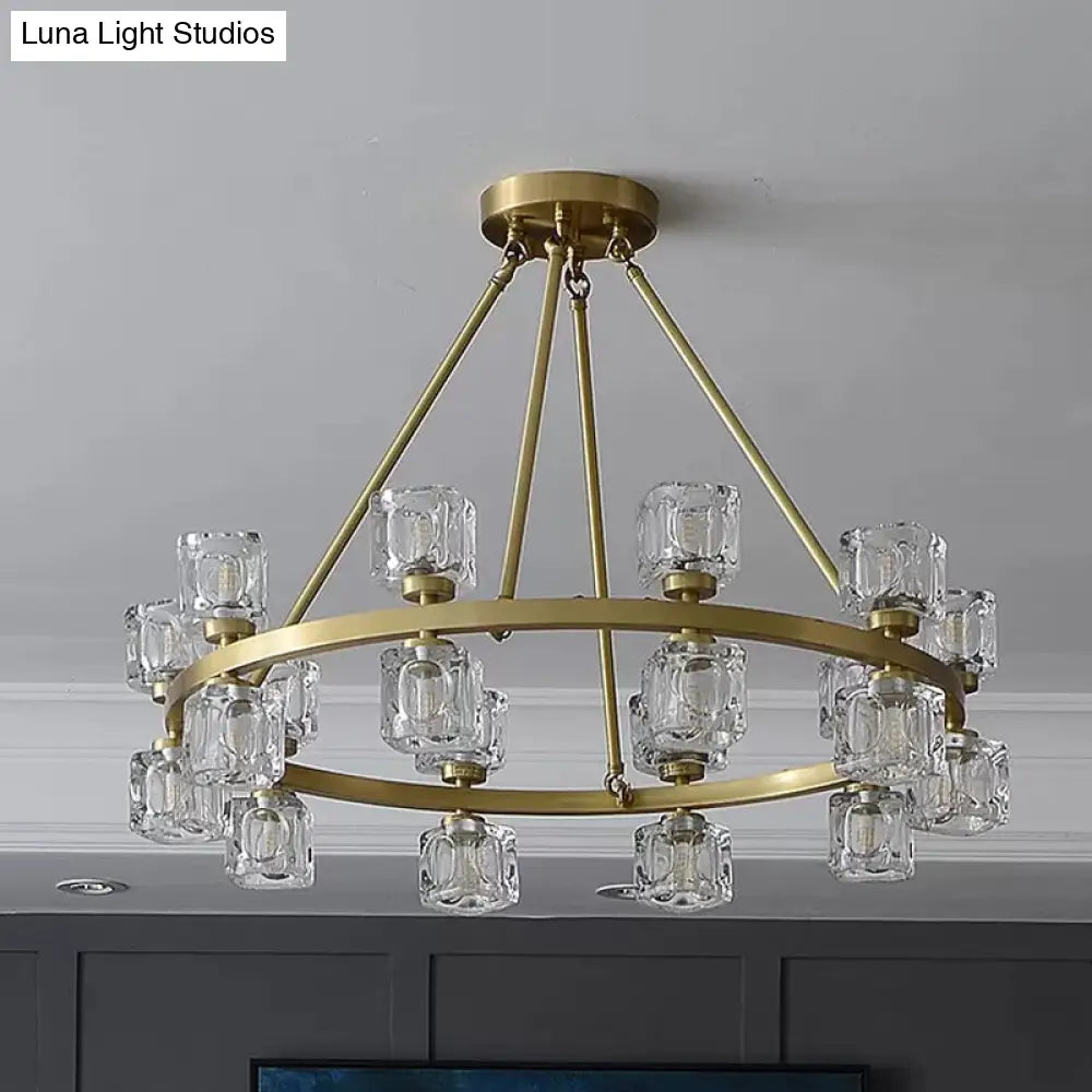 Postmodern Crystal Cube Gold Chandelier - Circle Pendant For Dining Room With 6/12/28 Lights