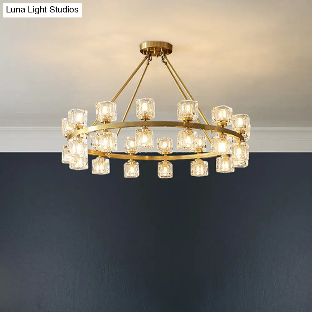 Postmodern Crystal Cube Gold Chandelier - Circle Dining Pendant With 6/12/28 Lights