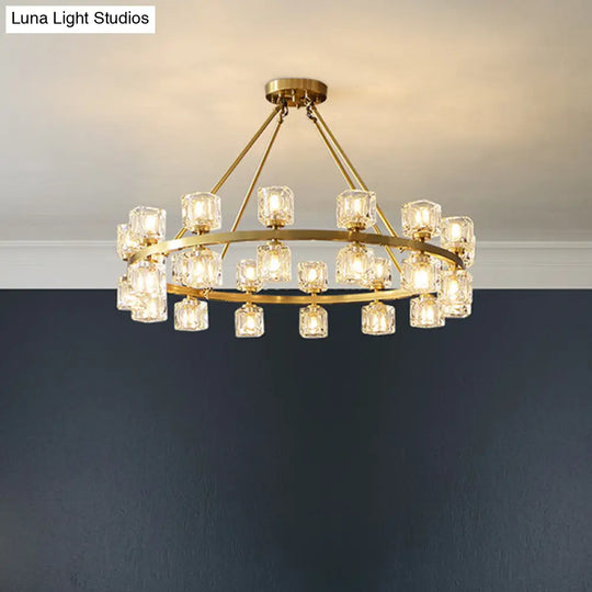 Postmodern Crystal Cube Gold Chandelier - Circle Dining Pendant With 6/12/28 Lights