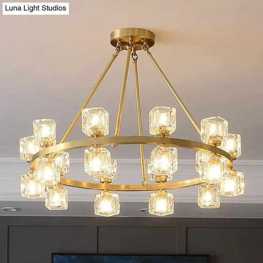 Postmodern Crystal Cube Gold Chandelier - Circle Dining Pendant With 6/12/28 Lights