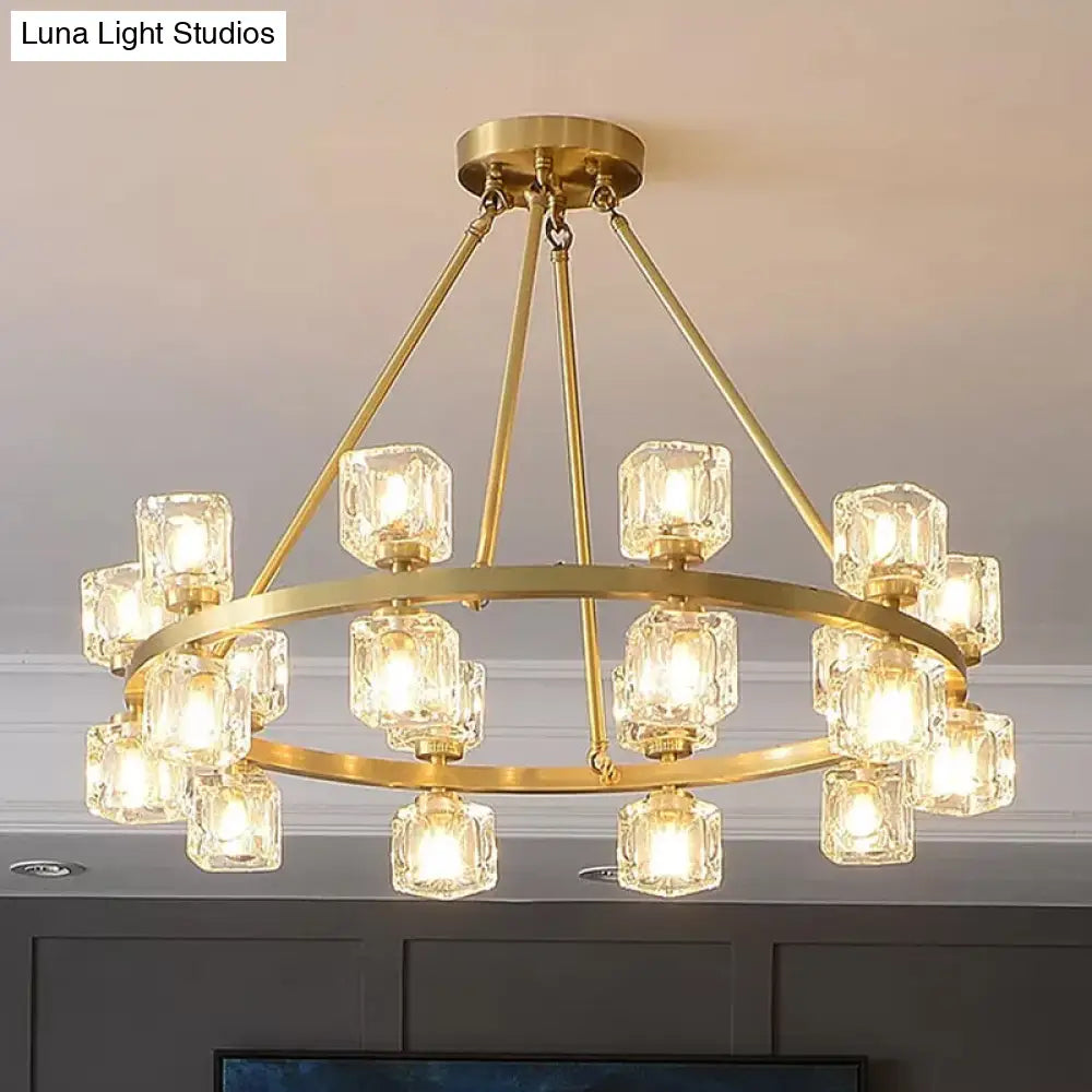 Postmodern Crystal Cube Gold Chandelier - Circle Pendant For Dining Room With 6/12/28 Lights