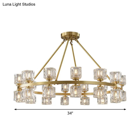 Postmodern Crystal Cube Gold Chandelier - Circle Pendant For Dining Room With 6/12/28 Lights