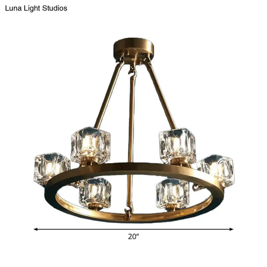 Postmodern Crystal Cube Gold Chandelier - Circle Dining Pendant With 6/12/28 Lights