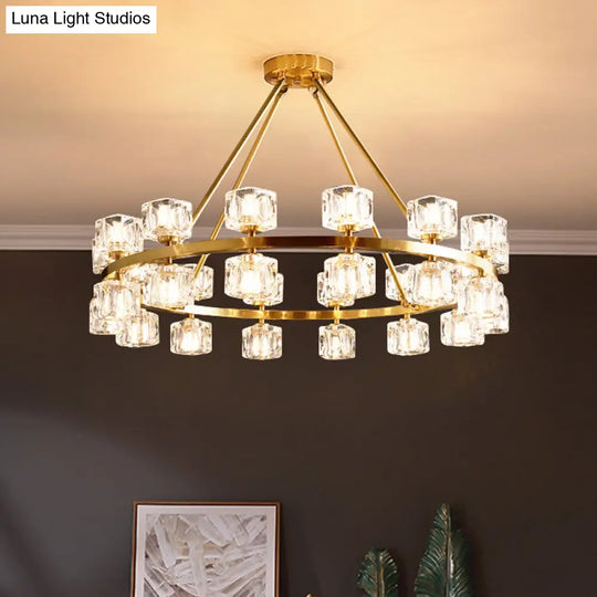 Postmodern Crystal Cube Gold Chandelier - Circle Dining Pendant With 6/12/28 Lights