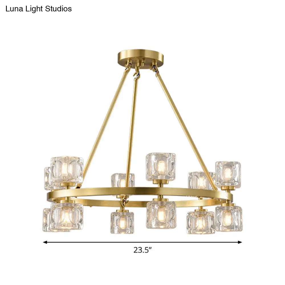 Postmodern Crystal Cube Gold Chandelier - Circle Pendant For Dining Room With 6/12/28 Lights