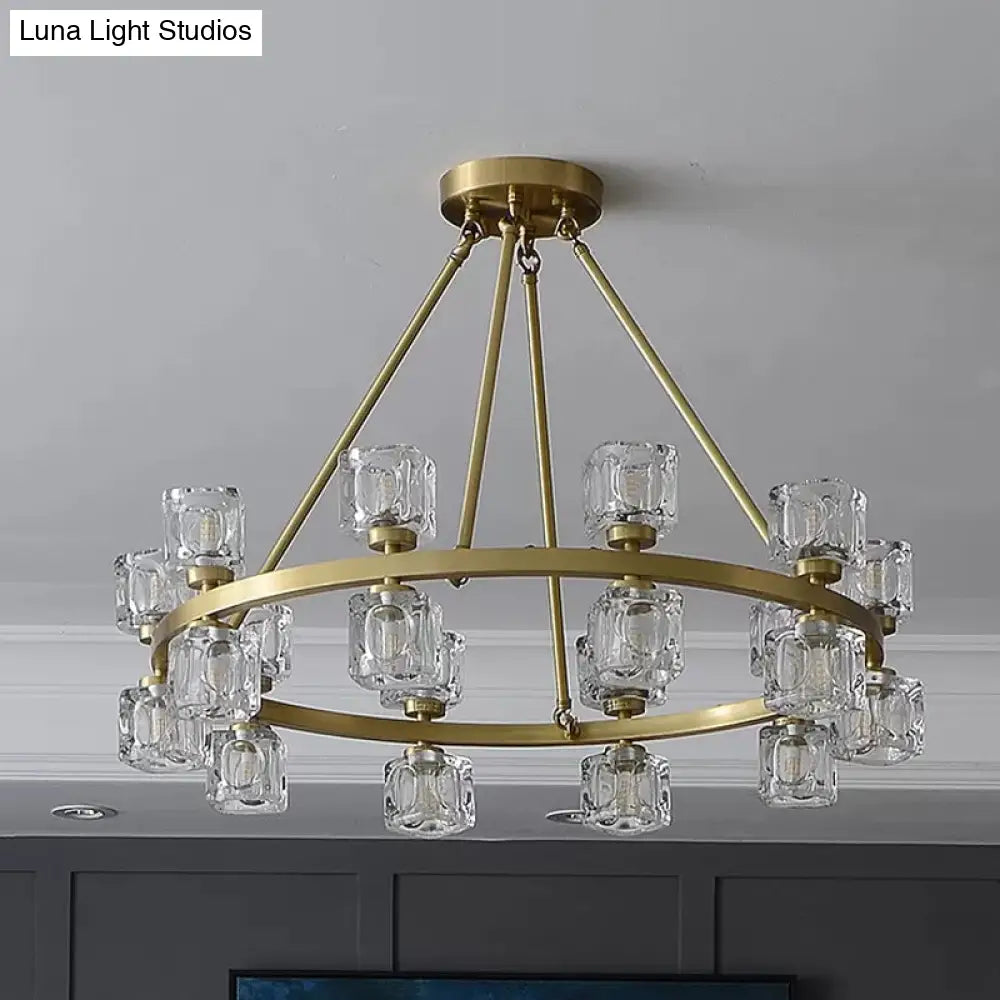 Postmodern Crystal Cube Gold Chandelier - Circle Dining Pendant With 6/12/28 Lights