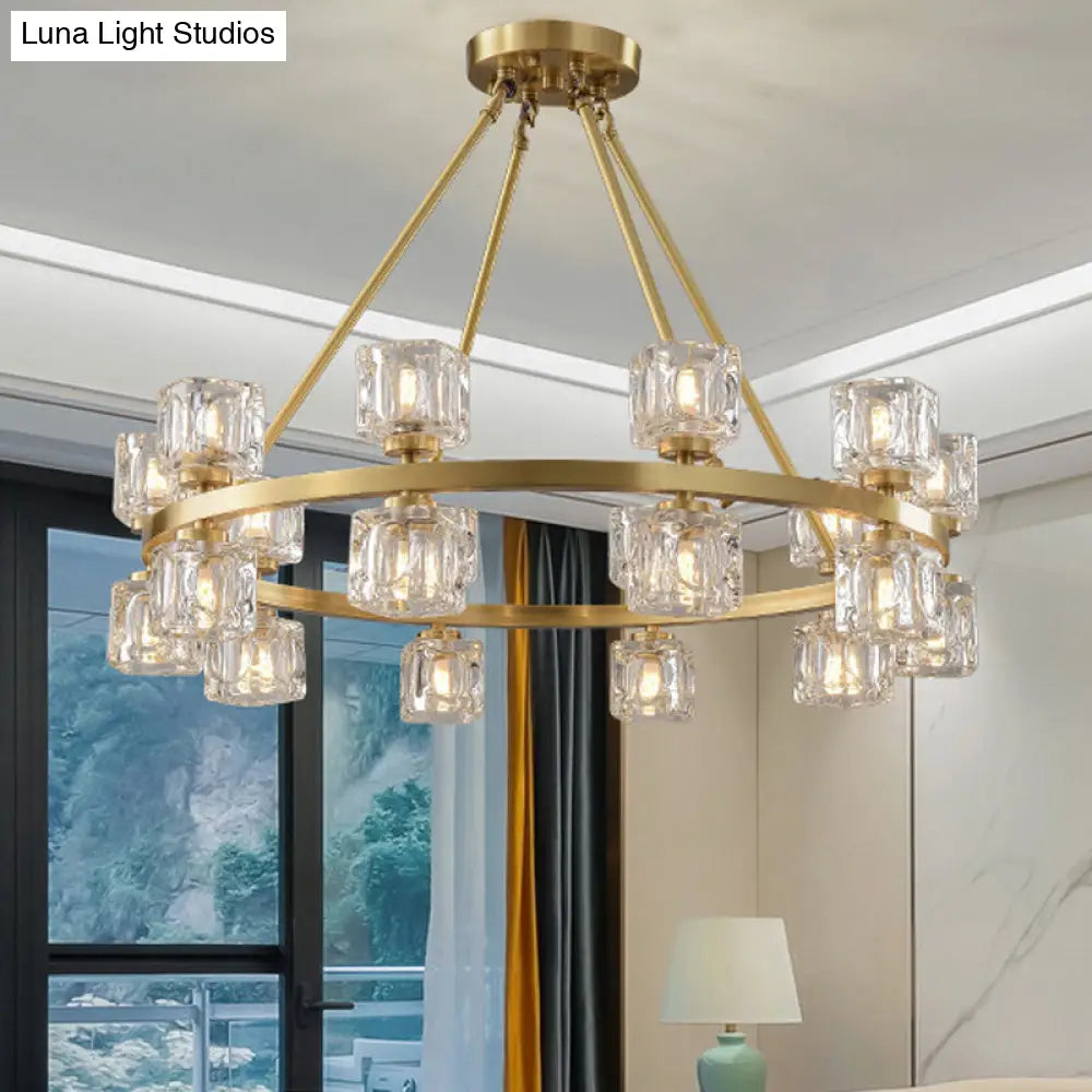 Postmodern Crystal Cube Gold Chandelier - Circle Pendant For Dining Room With 6/12/28 Lights