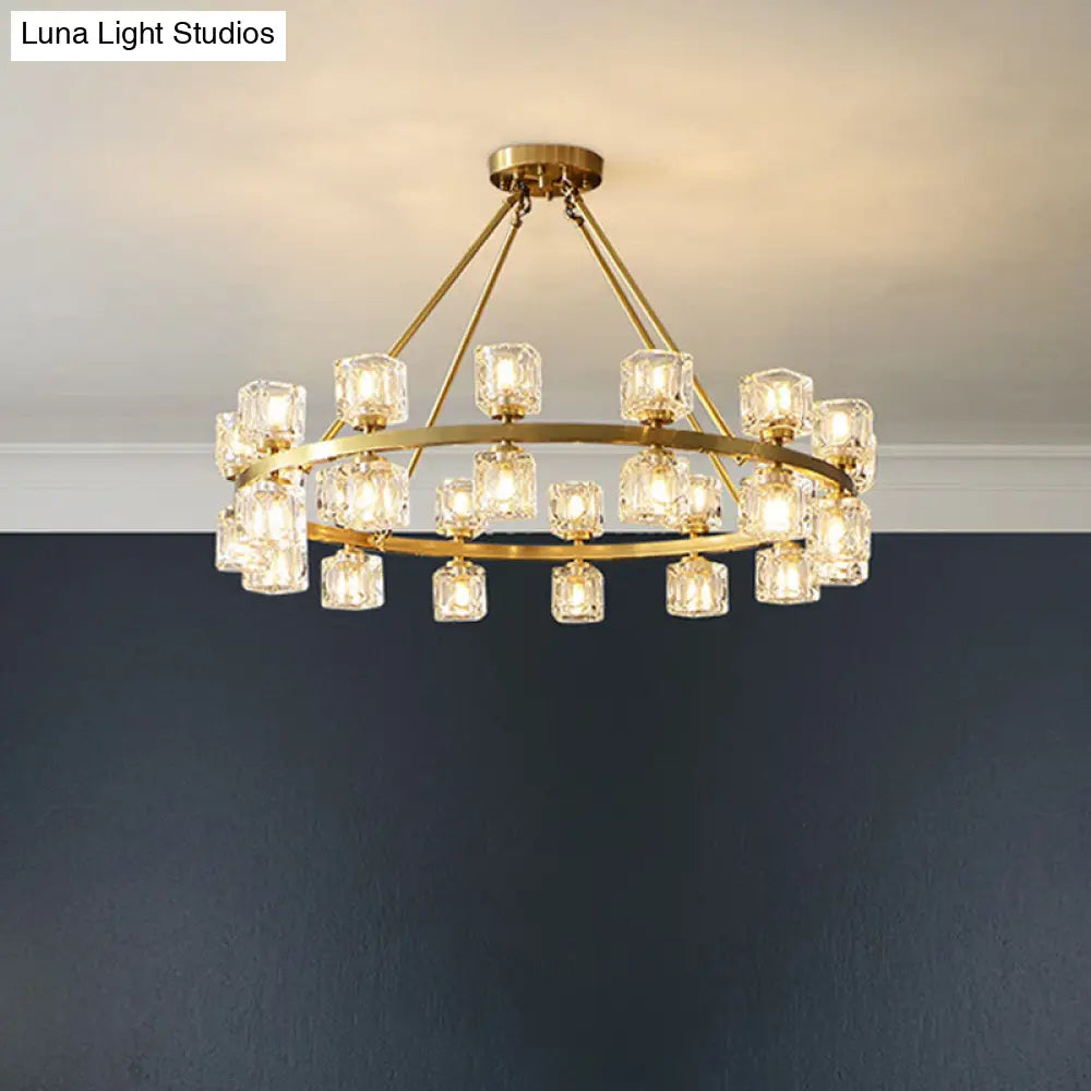 Postmodern Crystal Cube Gold Chandelier - Circle Pendant For Dining Room With 6/12/28 Lights