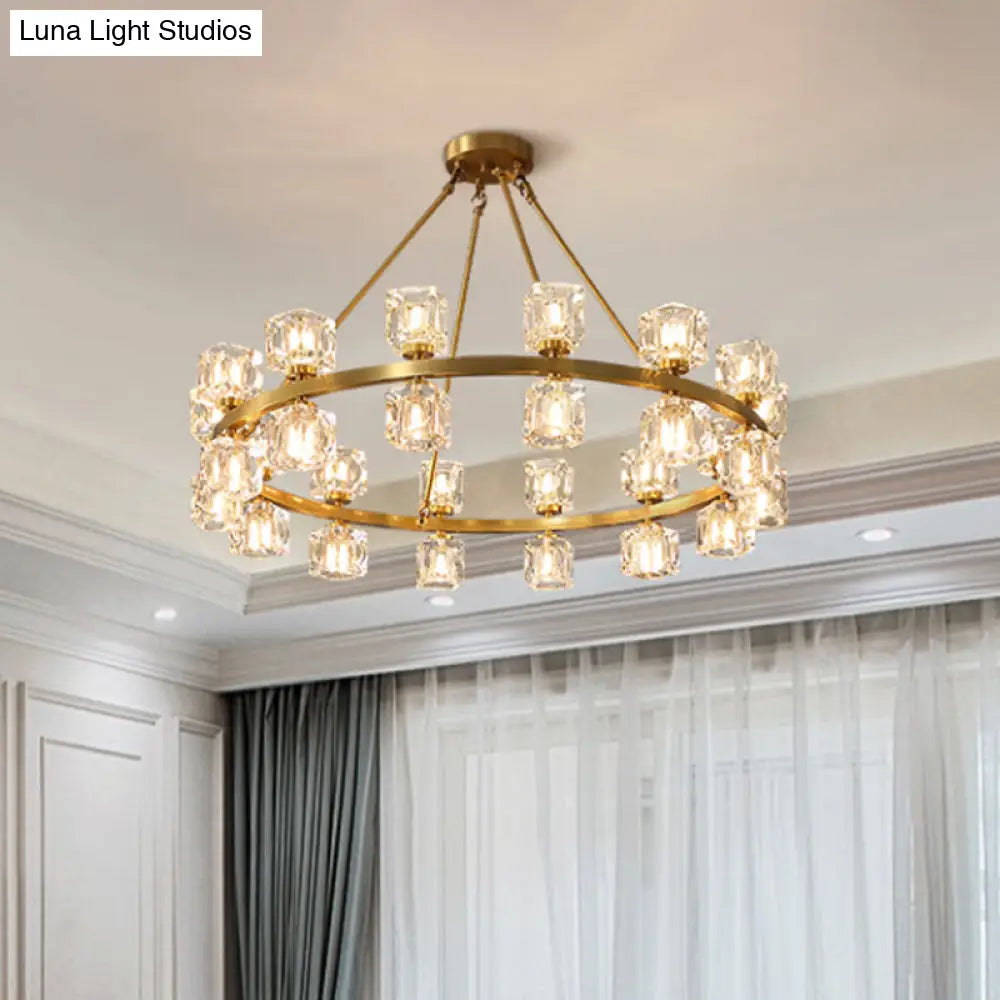 Postmodern Crystal Cube Gold Chandelier - Circle Pendant For Dining Room With 6/12/28 Lights