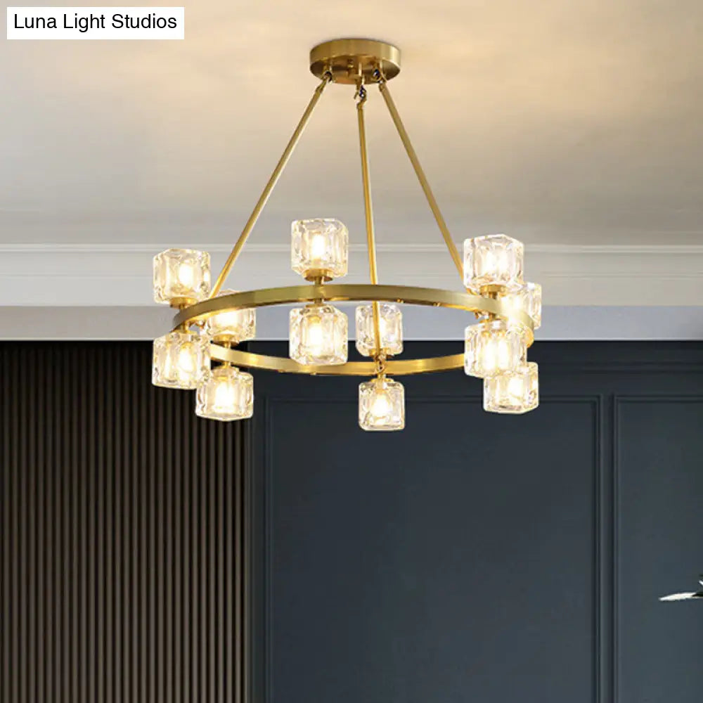 Postmodern Crystal Cube Gold Chandelier - Circle Pendant For Dining Room With 6/12/28 Lights