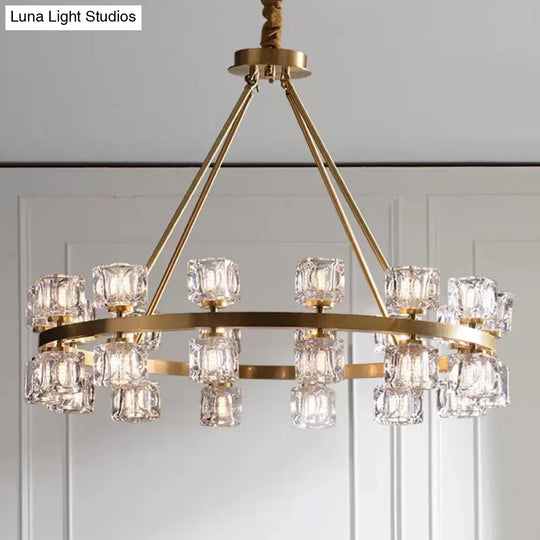 Postmodern Crystal Cube Gold Chandelier - Circle Dining Pendant With 6/12/28 Lights