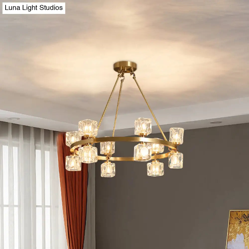 Postmodern Crystal Cube Gold Chandelier - Circle Pendant For Dining Room With 6/12/28 Lights