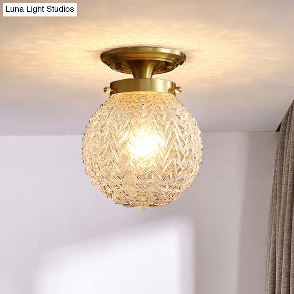 Postmodern Crystal Globe Semi Flush Mount Ceiling Light With Textured Brass Finish