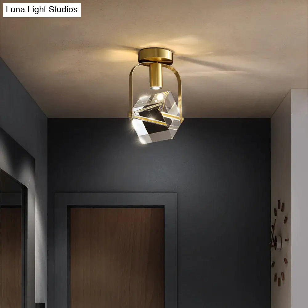 Postmodern Crystal Gold Cube Led Ceiling Lamp - Semi Flush Mount For Foyer