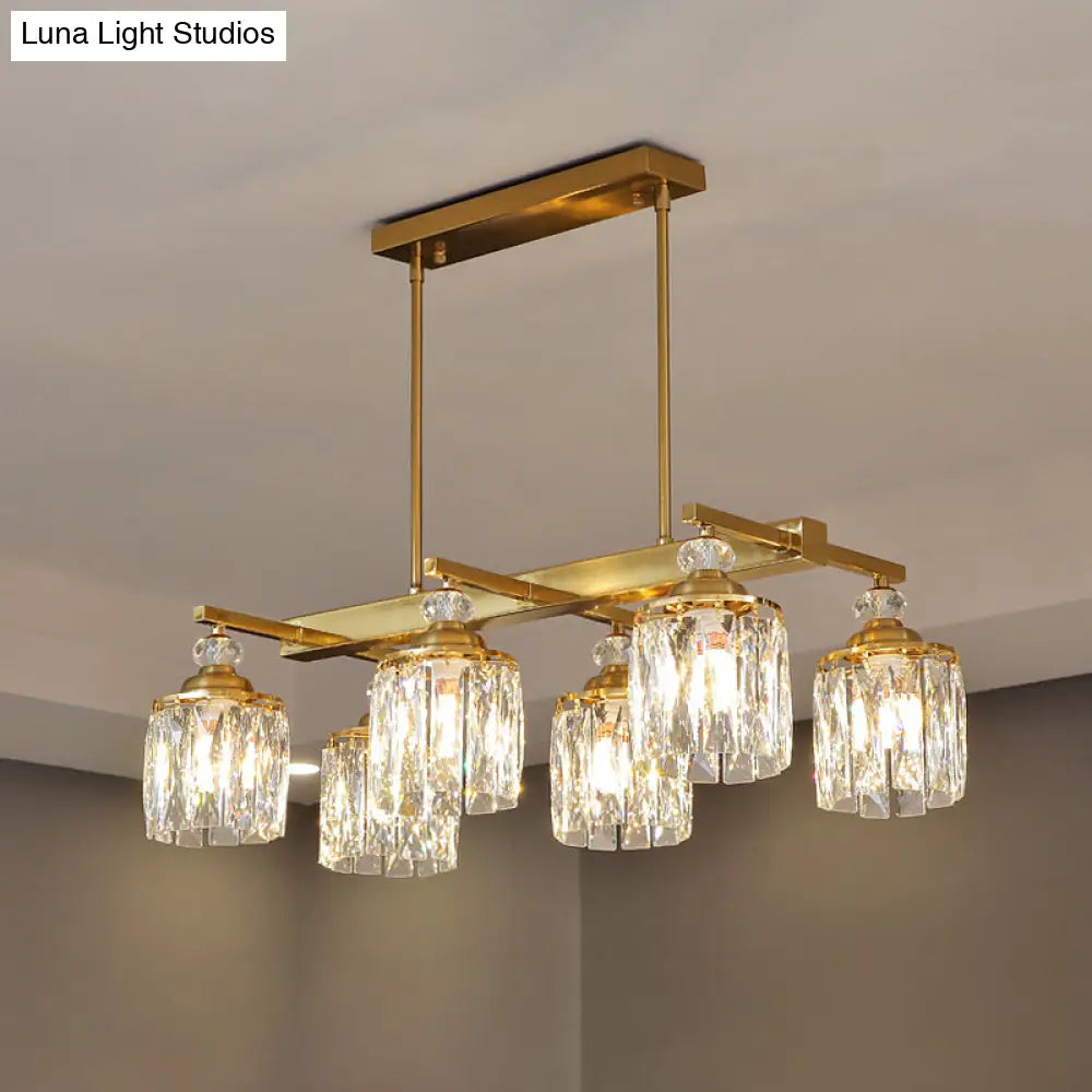 Postmodern Crystal Gold Island Lamp: Beveled 6-Head Cylinder Hanging Light Fixture