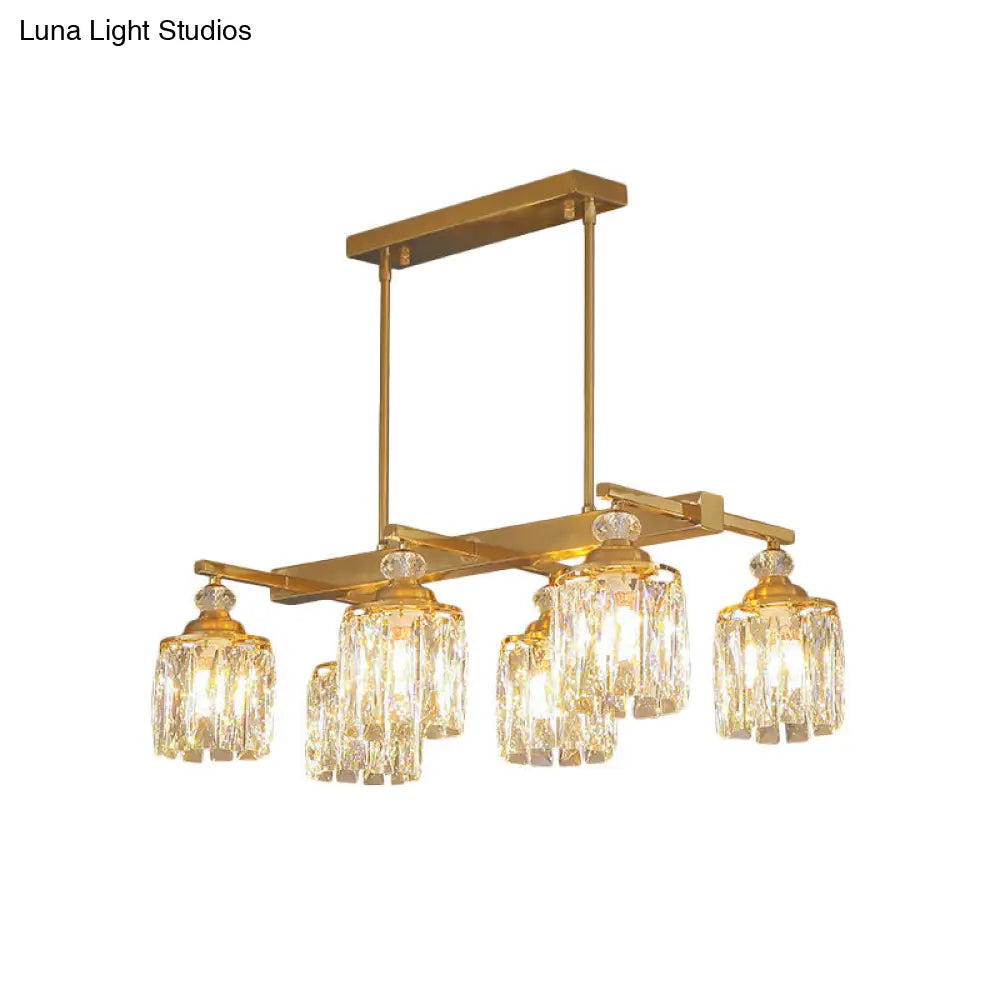 Postmodern Crystal Gold Island Lamp: Beveled 6-Head Cylinder Hanging Light Fixture