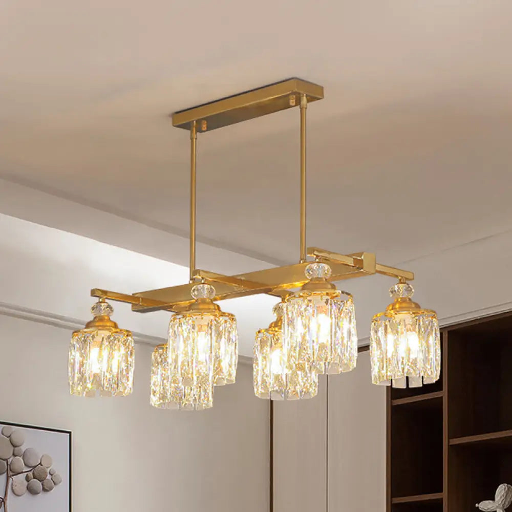 Postmodern Crystal Gold Island Lamp: Beveled 6-Head Cylinder Hanging Light Fixture