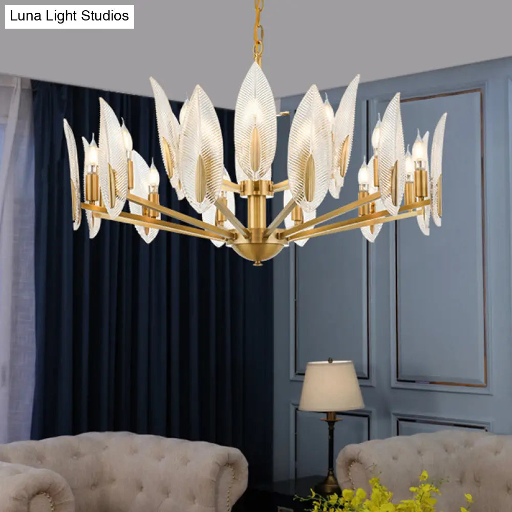 Postmodern Crystal Living Room Chandelier: Leaf-Shaped Brass Finish 6/8/18 Lights