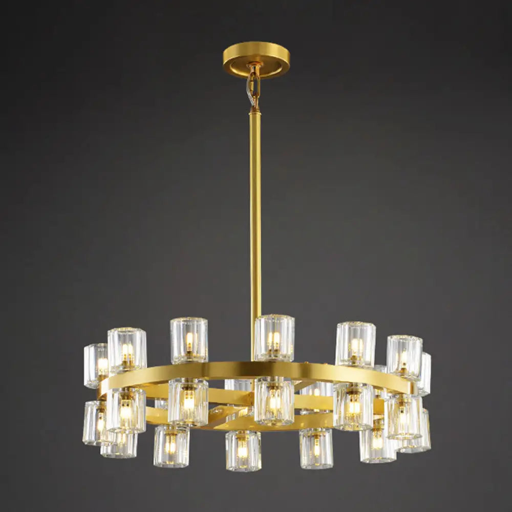 Postmodern Crystal Pendant Chandelier: Sleek Brass Circular Design With 24 Bulbs For Dining Room