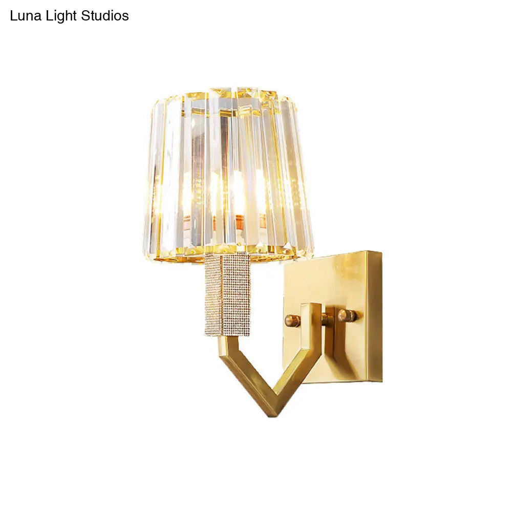 Postmodern Crystal Prism Gold Wall Sconce With Clear Tapered Shade - 1-Light Mount Fixture