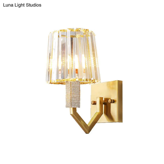 Postmodern Crystal Prism Gold Wall Sconce With Clear Tapered Shade - 1-Light Mount Fixture